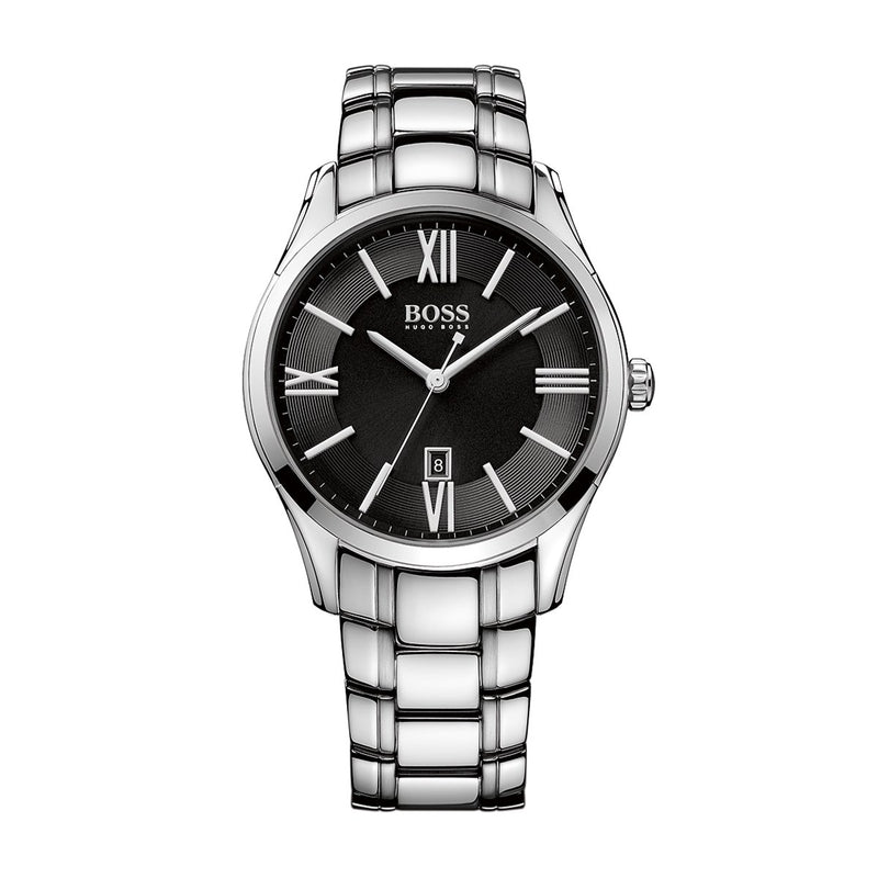 mens Hugo Boss stainless steel watch with a black dial with Roman numerals