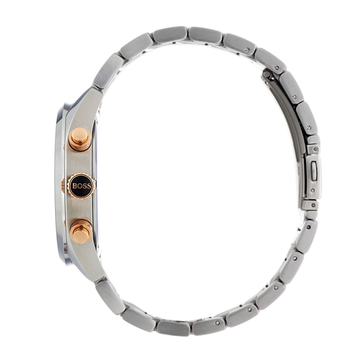 side view of Hugo Boss stainless steel watch with rose gold crown
