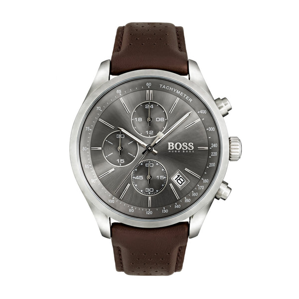 grey dial brown leather strap Hugo Boss watch