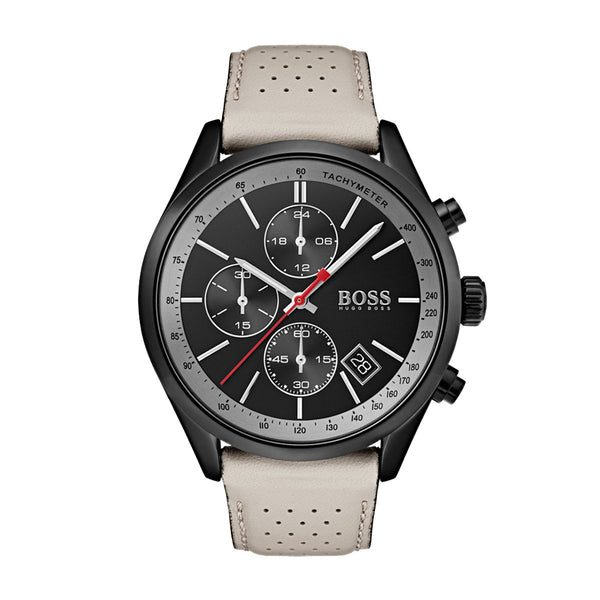 Hugo Boss watch with three sub dials a black dial and grey strap