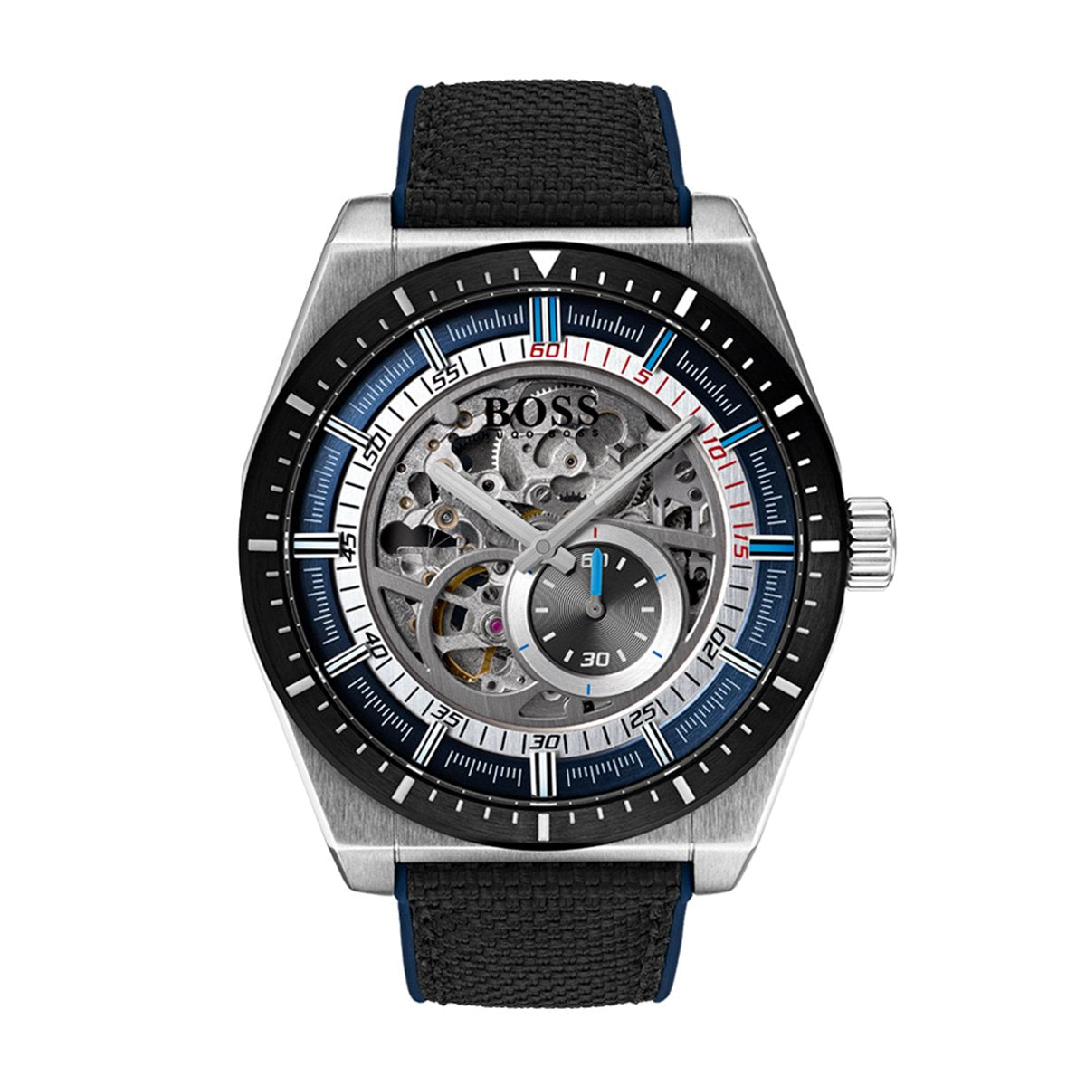 Hugo Boss skeleton dial watch with fabric strap