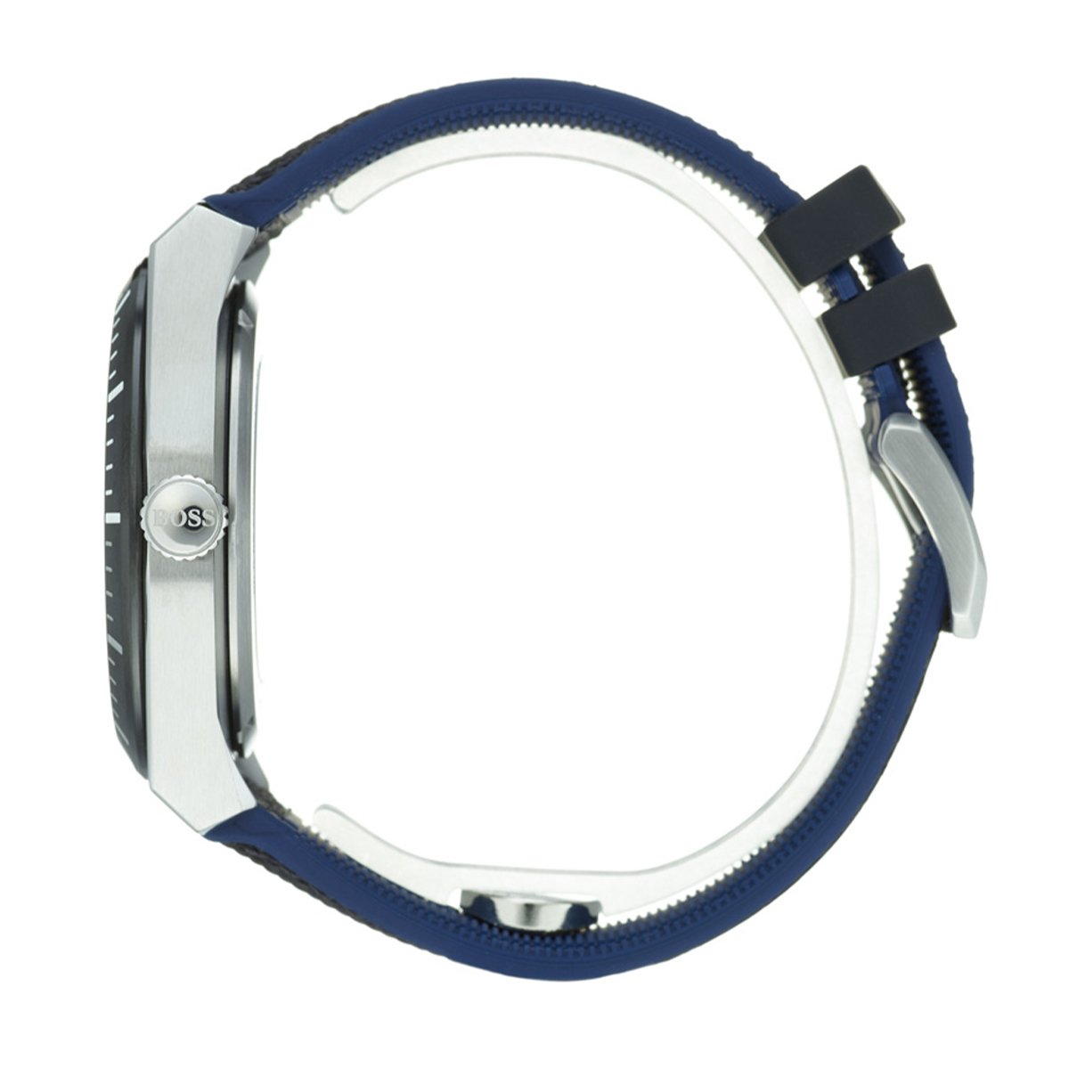 side view of Hugo Boss skeleton dial watch with fabric strap