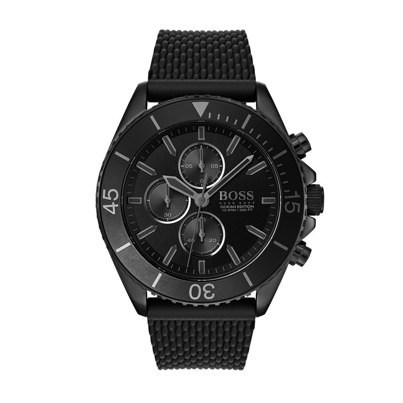 black chronograph dial Hugo Boss watch with mesh black bracelet