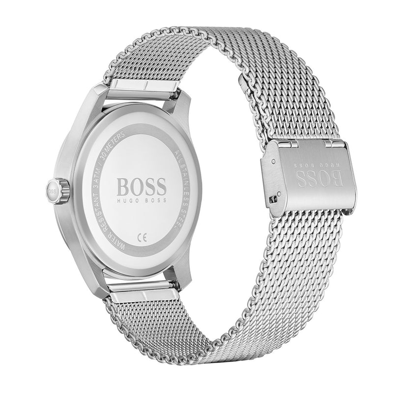 Hugo Boss watch back showing mesh bracelet