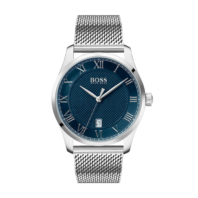 mesh bracelet Hugo Boss watch with Roman numerals and a blue dial