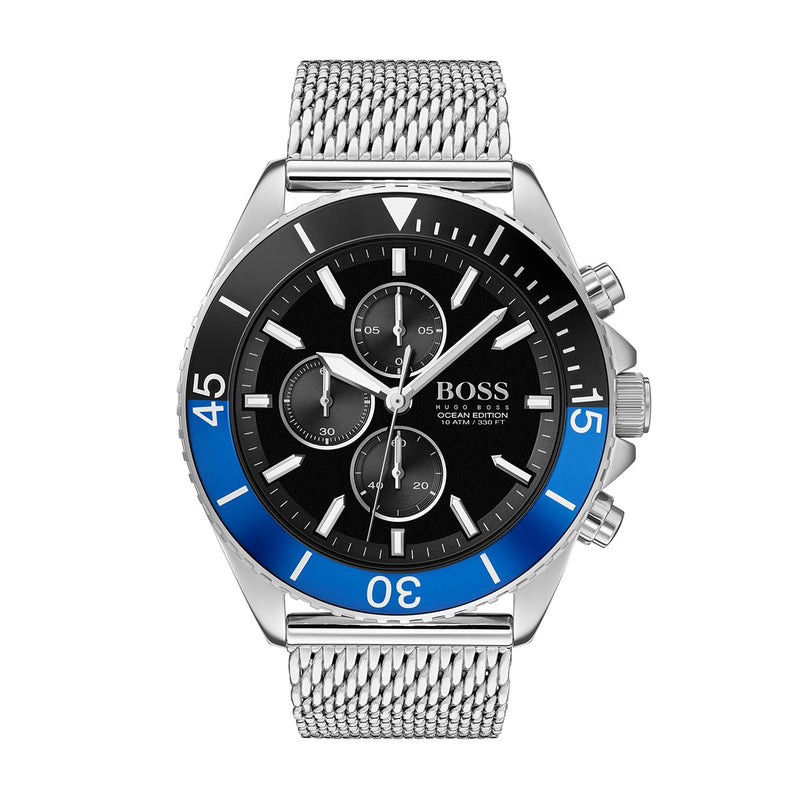 silver strap black and blue bezel chronograph dial Hugo Boss watch