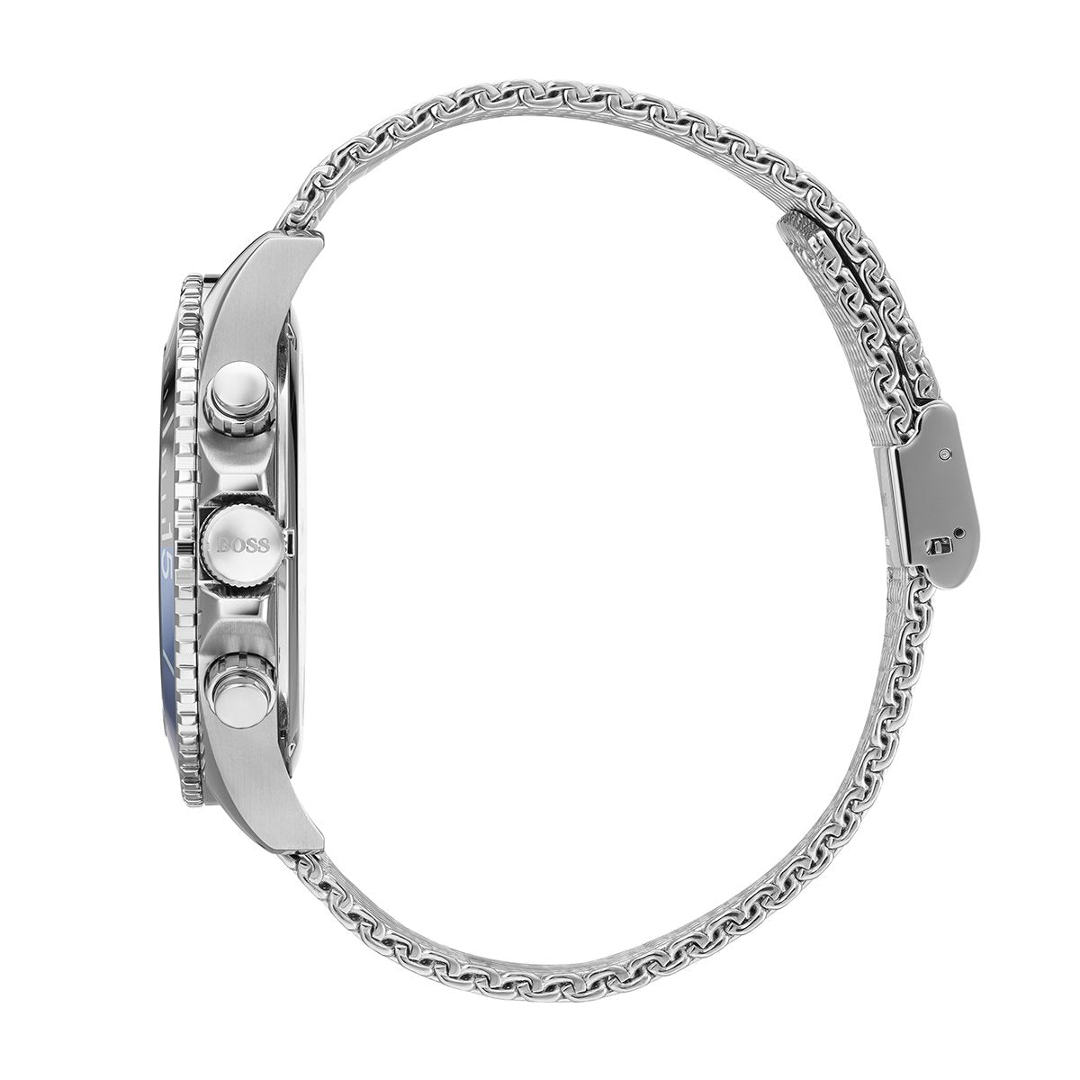side angle of mesh bracelet on boss watch