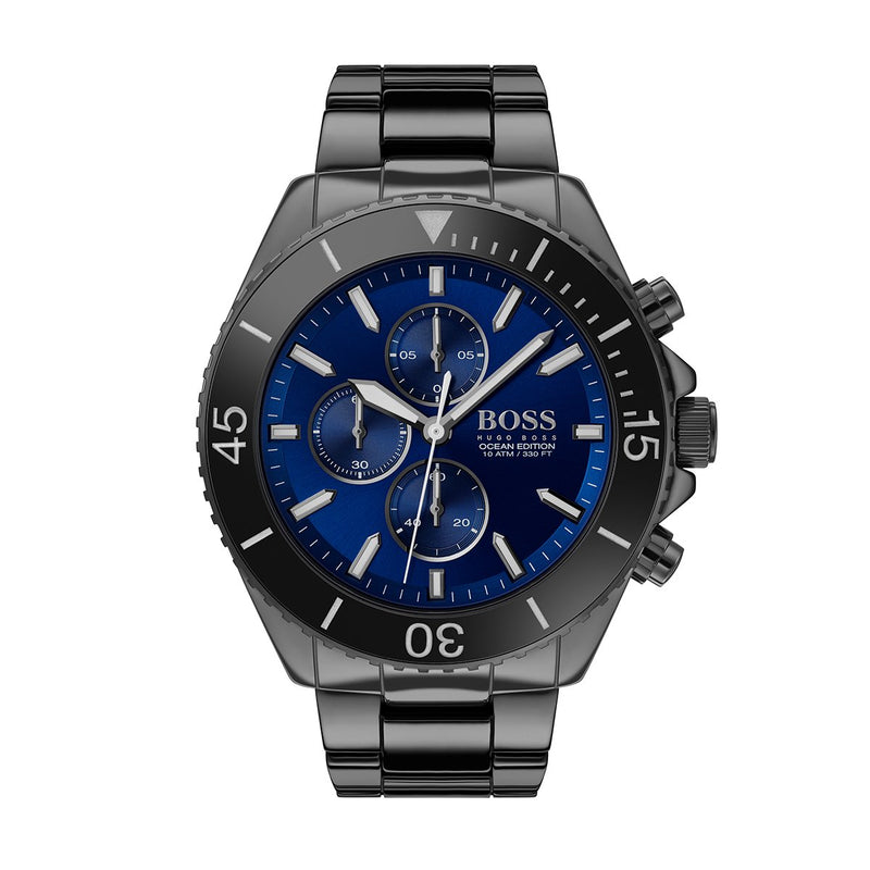 blue chronograph dial Hugo Boss watch with black case and bracelet