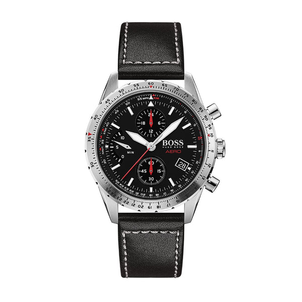 Hugo Boss black chronograph dial with black stitched strap