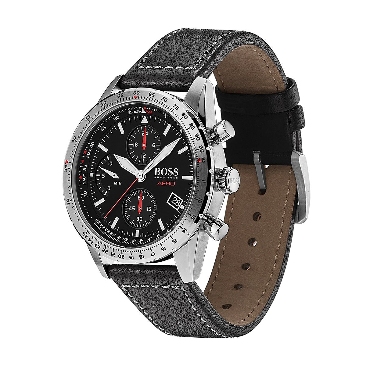 other angle of Hugo Boss black chronograph dial with black stitched strap 