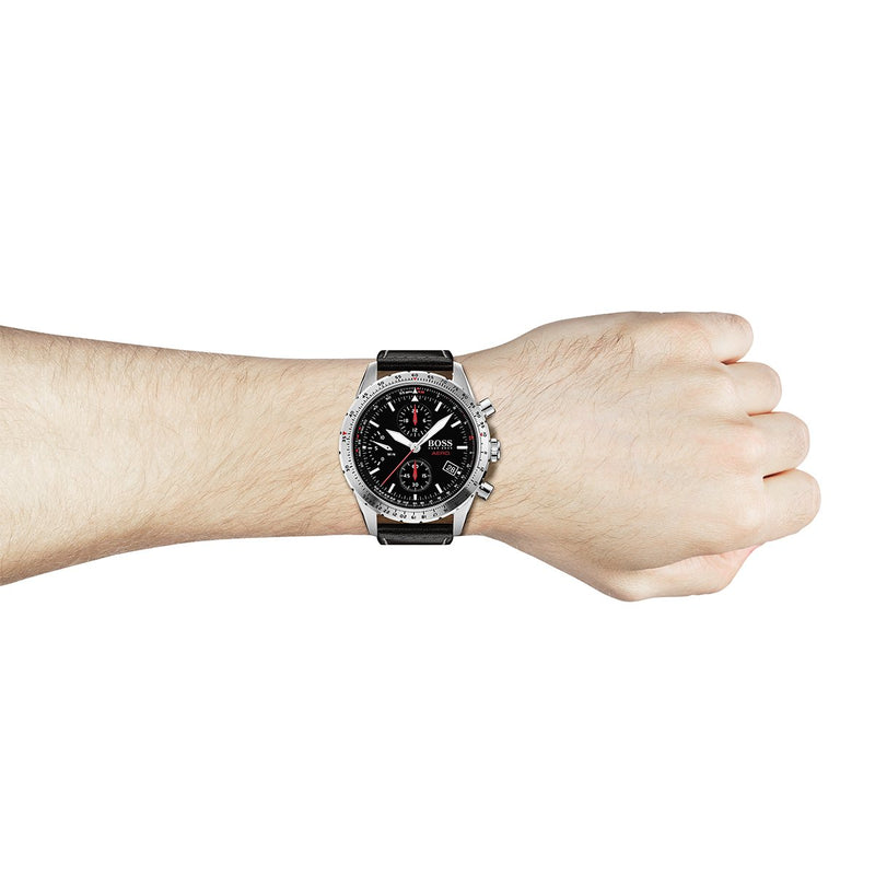 Hugo Boss black chronograph dial with black stitched strap on wrist