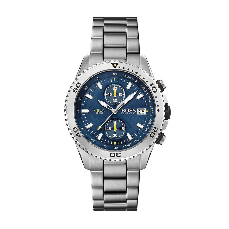 Hugo Boss watch with blue chronograph dial with silver bracelet