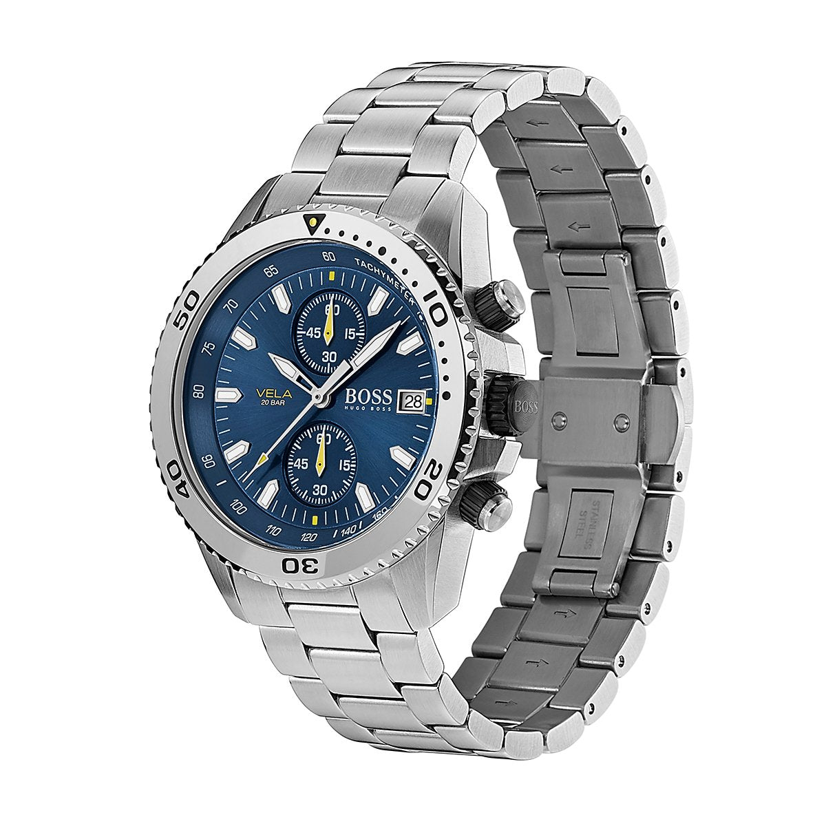 other angle of Hugo Boss watch with blue chronograph dial with silver bracelet