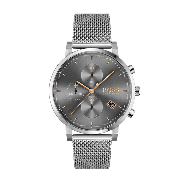 grey dial Hugo Boss watch with rose gold hands and mesh bracelet