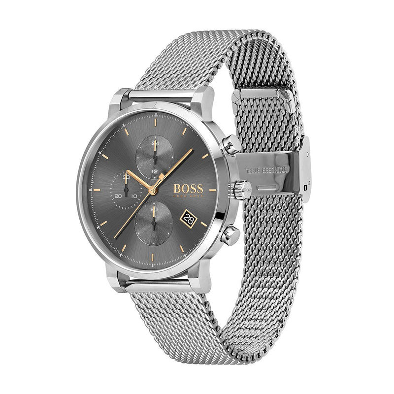 side angle of grey dial Hugo Boss watch with rose gold hands and mesh bracelet