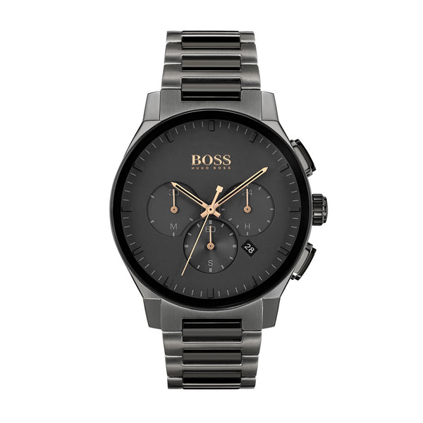 black chronograph dial Hugo Boss watch with rose gold pointers and black strap