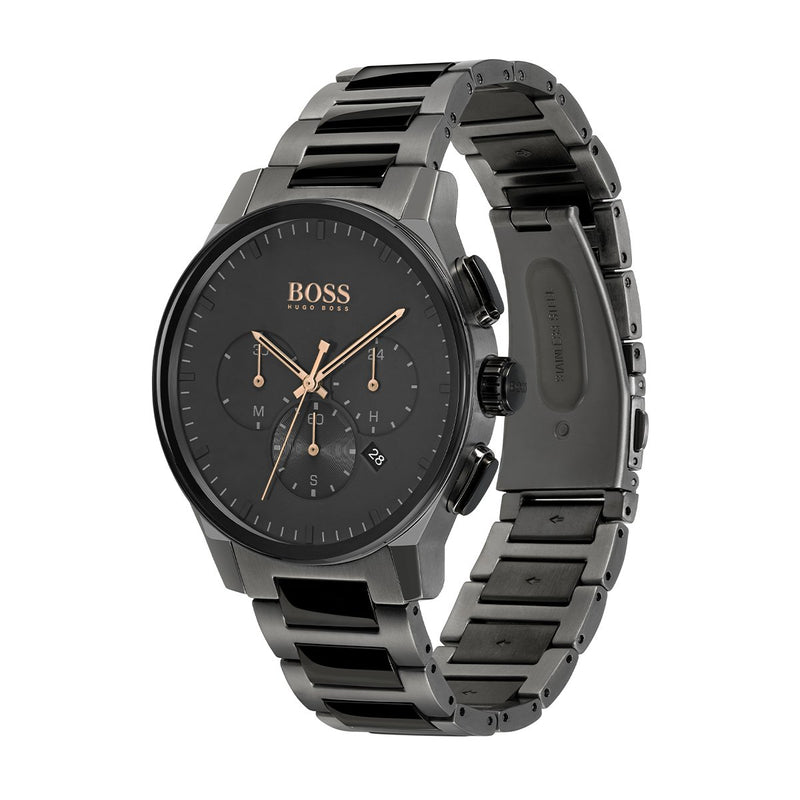 other angle of black chronograph dial Hugo Boss watch with rose gold pointers and black strap