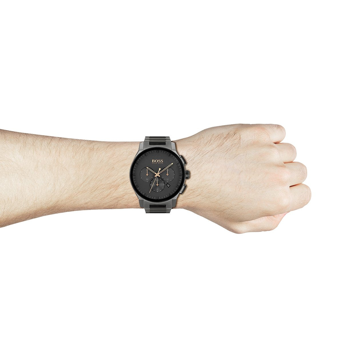 black chronograph dial Hugo Boss watch with rose gold pointers and black strap on the wrist