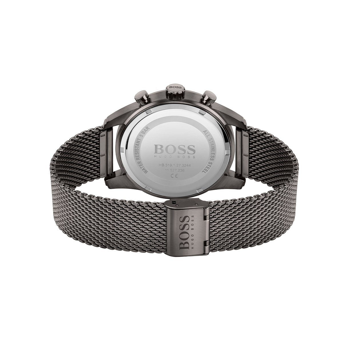 back of Hugo Boss grey mesh strap watch