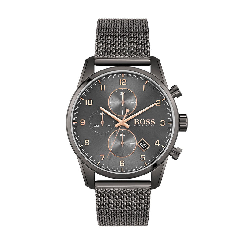grey chronograph Hugo Boss watch with rose gold pointers and grey mesh bracelet