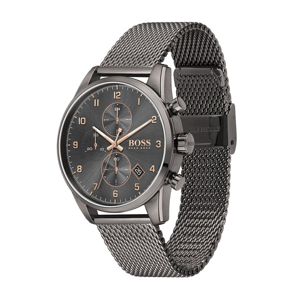other angle grey chronograph Hugo Boss watch with rose gold pointers and grey mesh bracelet