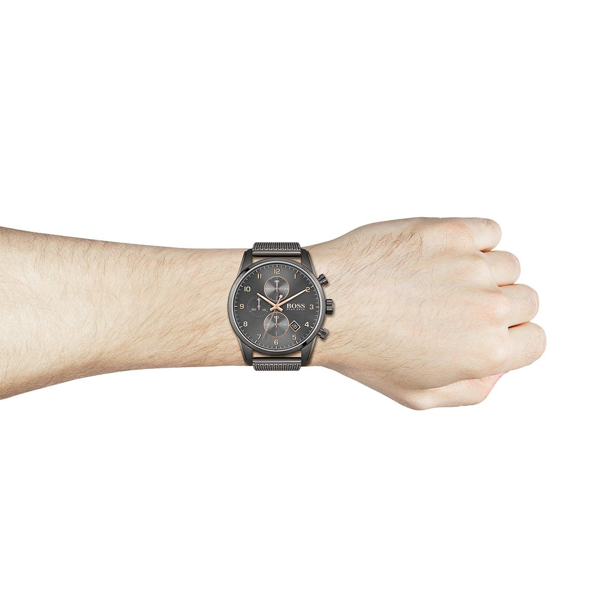 grey chronograph Hugo Boss watch with rose gold pointers and grey mesh bracelet on wrist