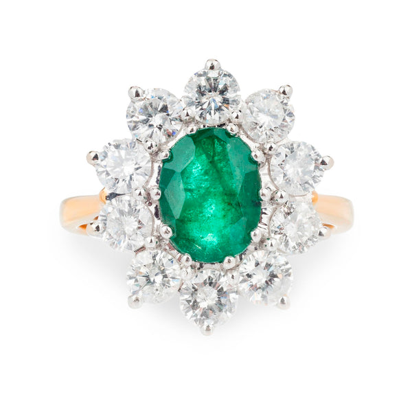Pre-Owned 18ct Yellow and White Gold Emerald and Diamond Cluster Ring