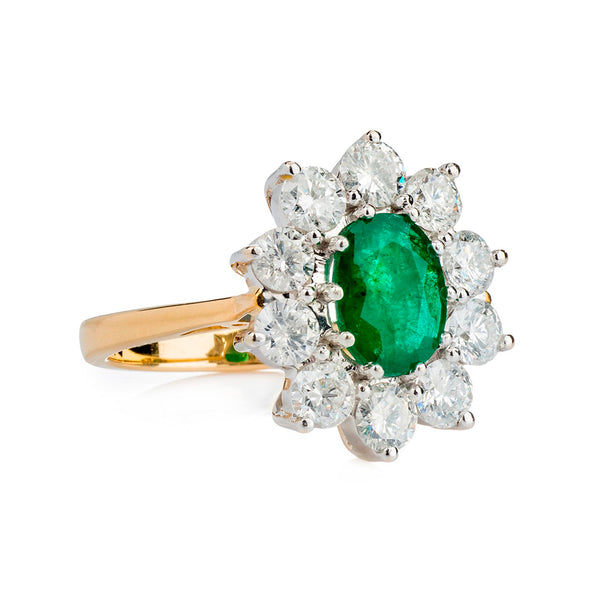 Pre-Owned 18ct Yellow and White Gold Emerald and Diamond Cluster Ring