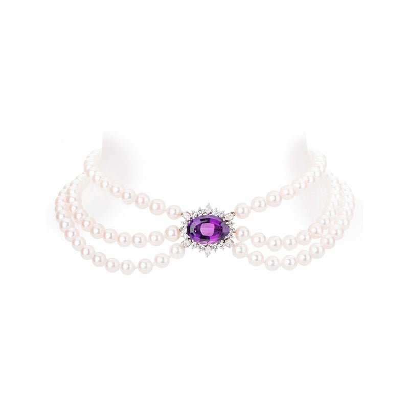 Pre-Owned 3 Row Pearl Collar with Amythyst and Diamond Clasp