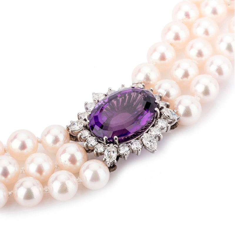 Pre-Owned 3 Row Pearl Collar with Amythyst and Diamond Clasp