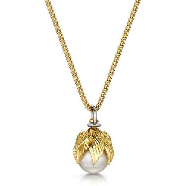 lustrous pearl wrapped in a blanket of 18k yellow gold angel wings hangs on rose gold chain
