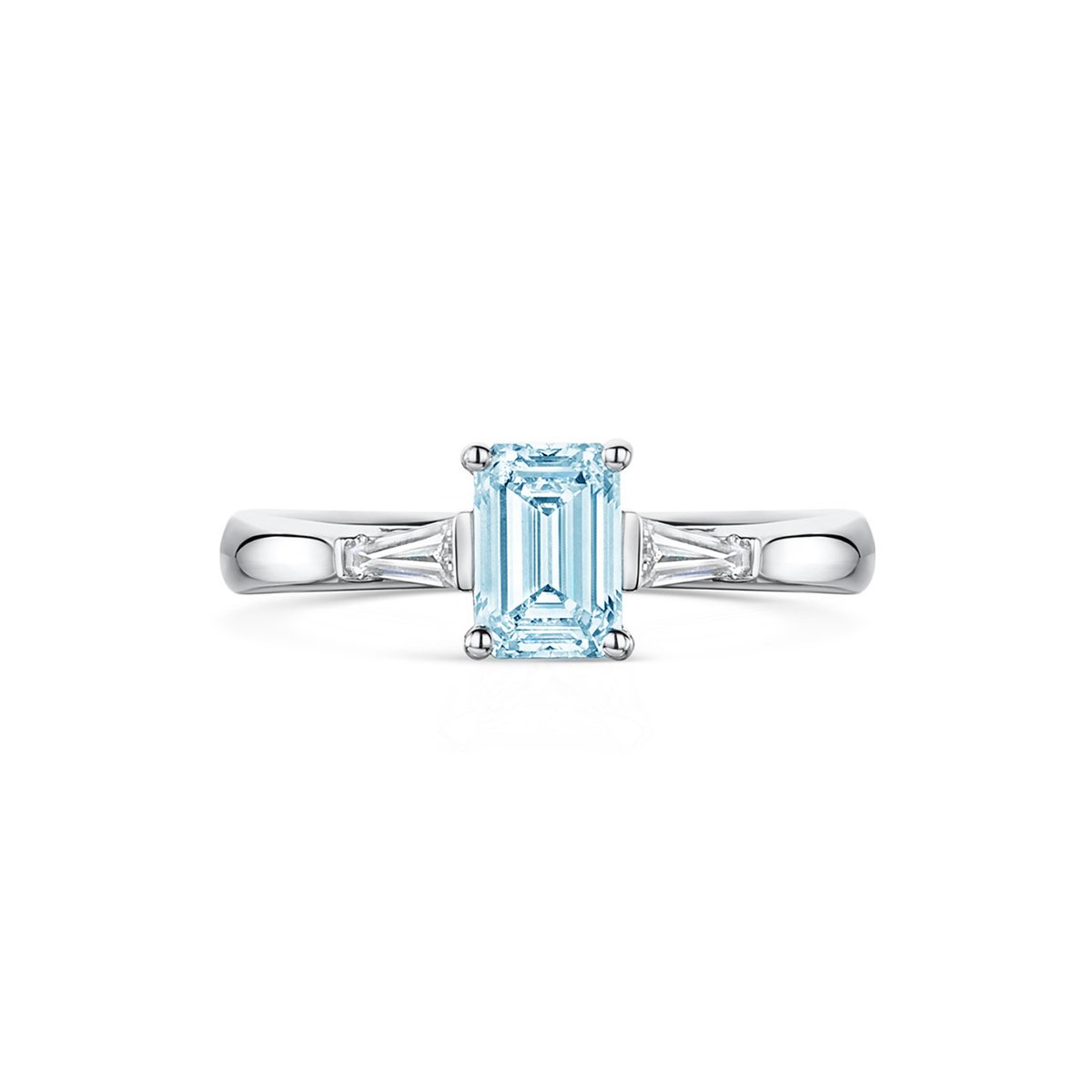 front angle of Cherish Aquamarine three stone engagement ring