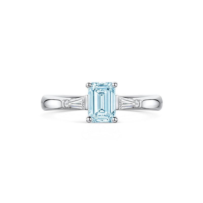 front angle of Cherish Aquamarine three stone engagement ring