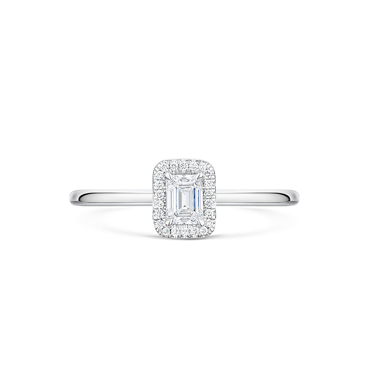 front angle of beautiful halo emerald cut engagement ring