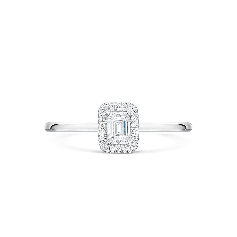 front angle of beautiful halo emerald cut engagement ring