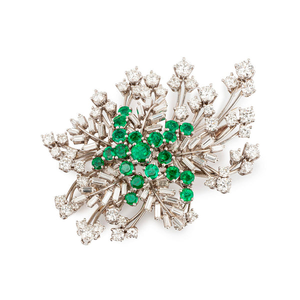 Pre-Owned Emerald and Diamond Brooch in White Gold