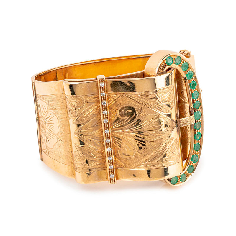 Pre-Owned Emerald and Diamond Gold Bangle