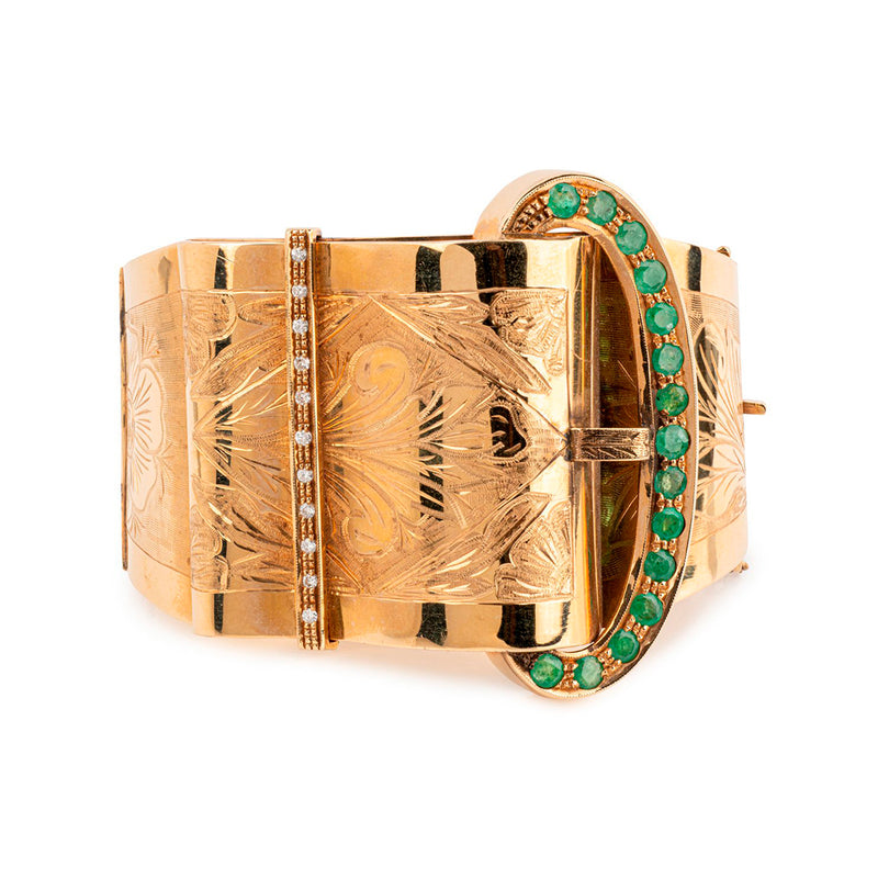 Pre-Owned Emerald and Diamond Gold Bangle