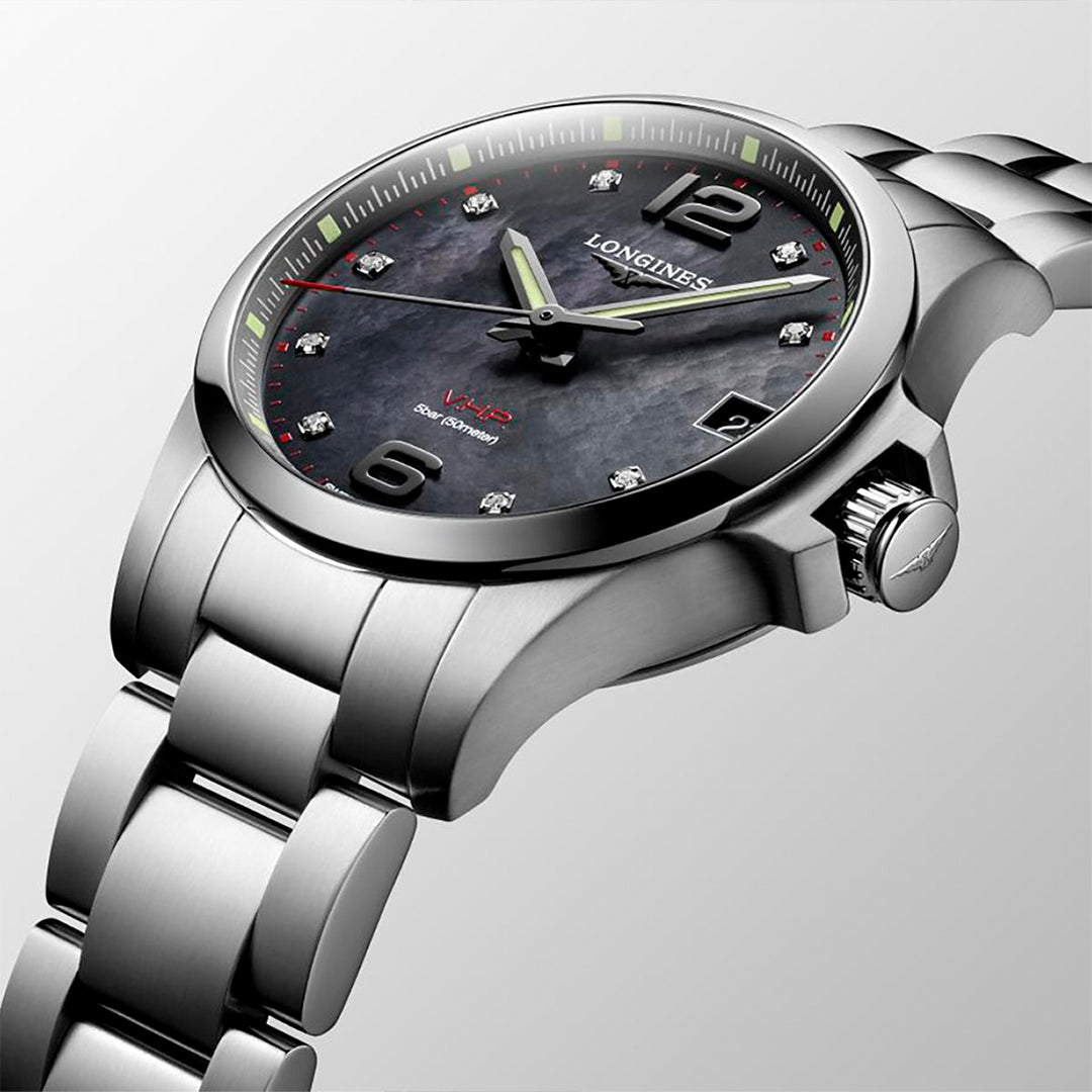 Longines Conquest V.H.P Black Mother of Pearl Ladies Watch