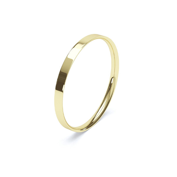 other angle of ladies flat court wedding band in yellow gold