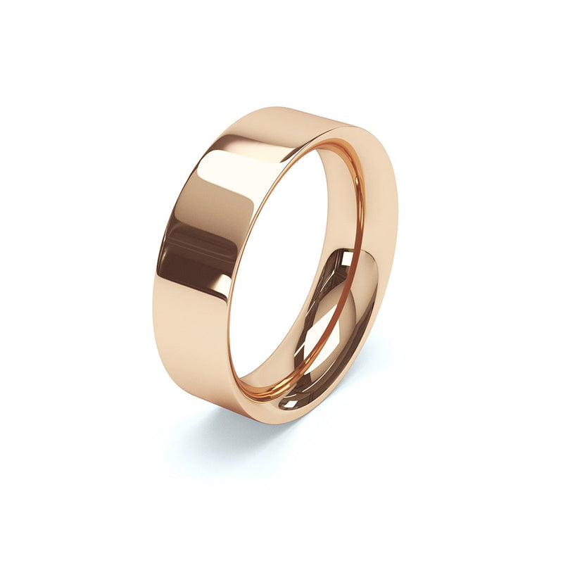 side angle of wide rose gold wedding ring