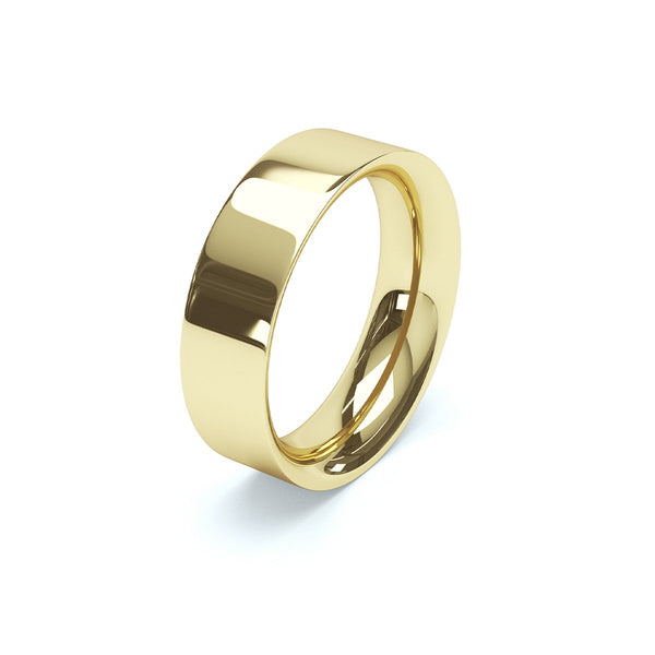 side angle of wide mens yellow gold flat court wedding ring