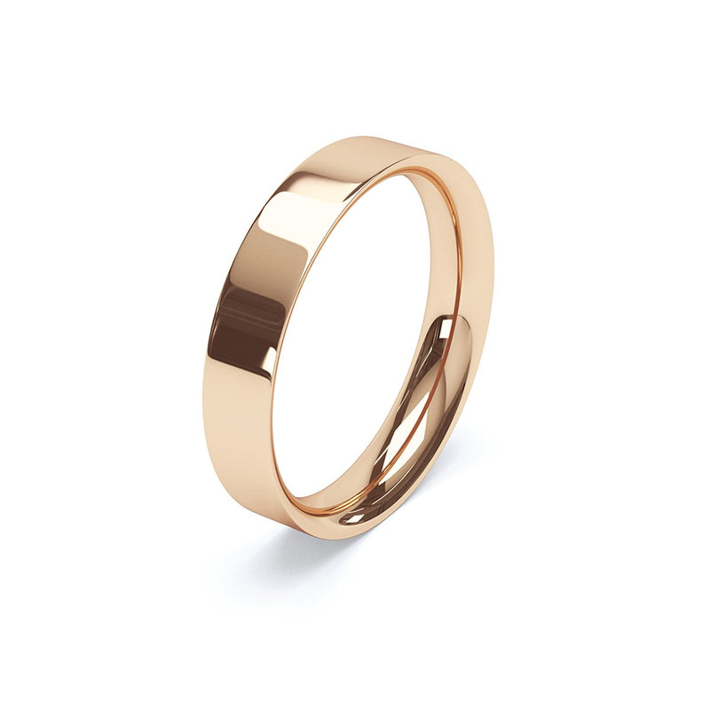 side angle of rose gold flat court mens wedding ring
