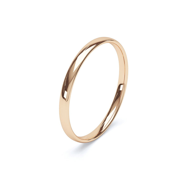 side angle of slim rose gold ladies court wedding ring