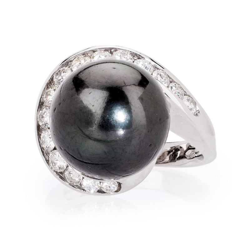 Pre-Owned Black Pearl and Diamond Ring