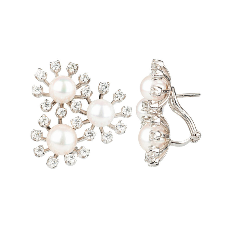 Pre-Owned Pearl and Diamond Trefoil Earrings in White Gold