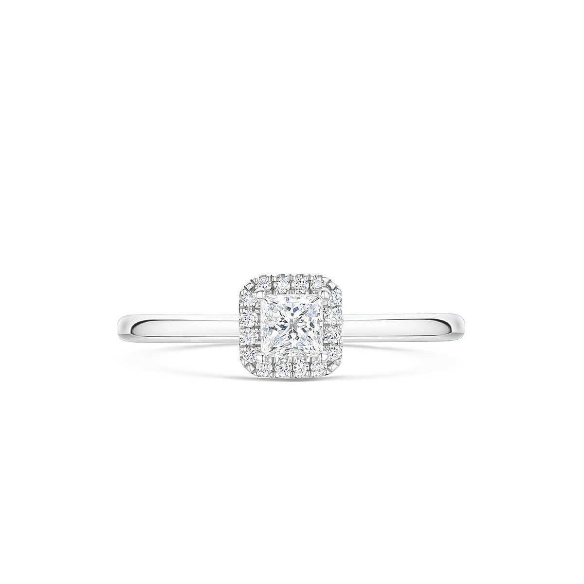 front angle of halo princess cut engagement ring