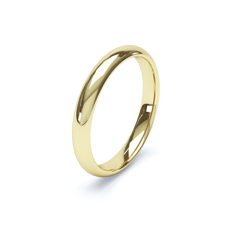 side angle of ladies slight court wedding band in yellow gold