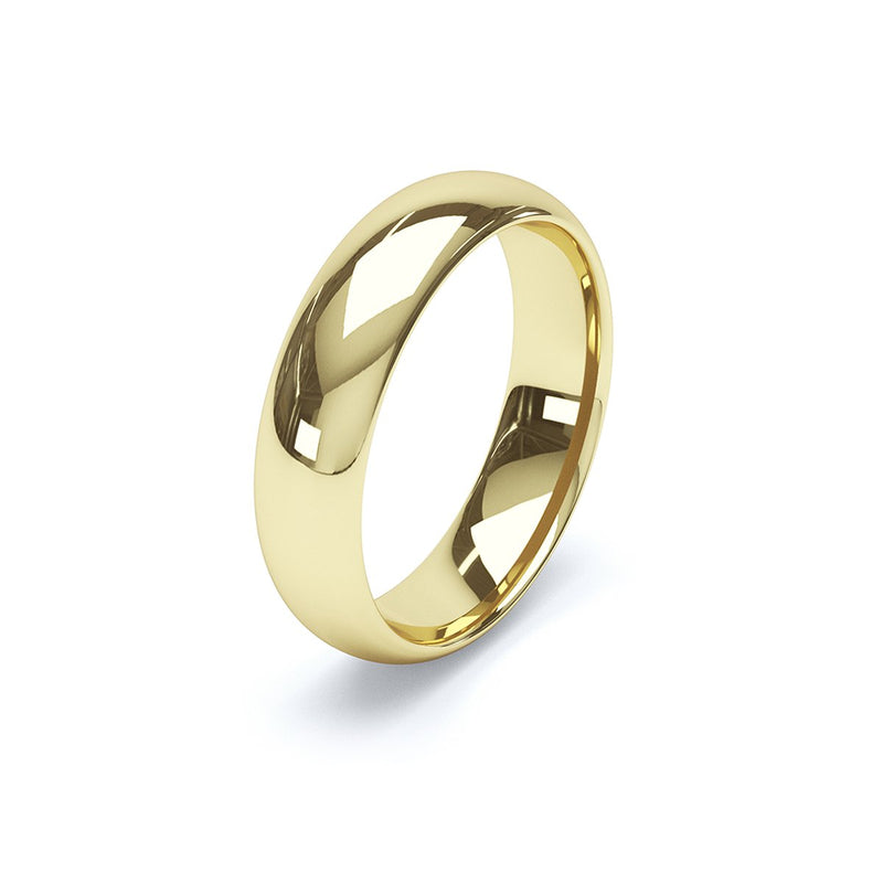 side angle 5mm yellow gold slight court wedding ring