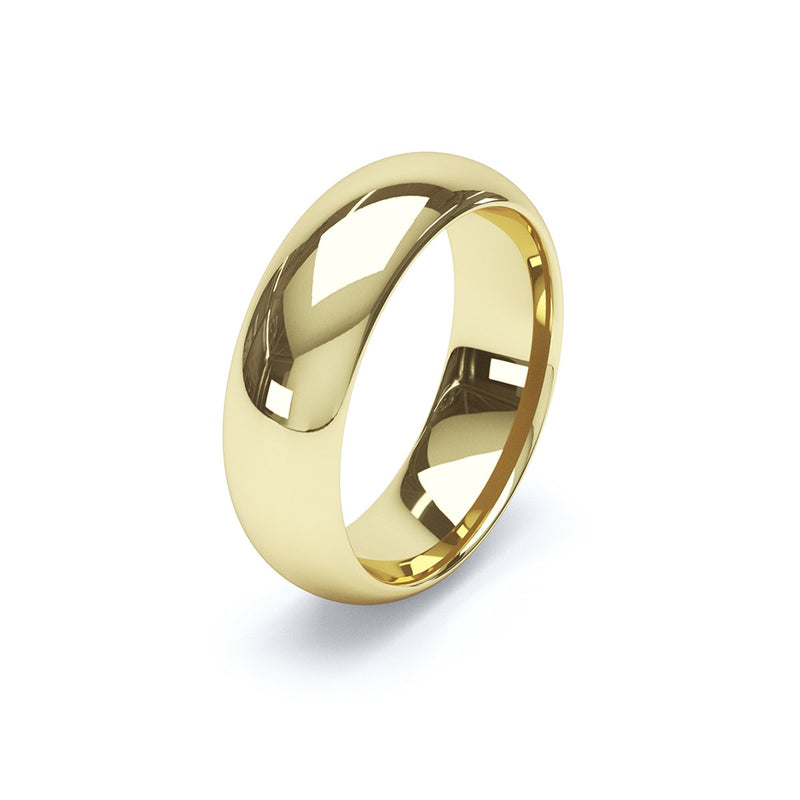 side angle of wide yellow gold mens slight court wedding band